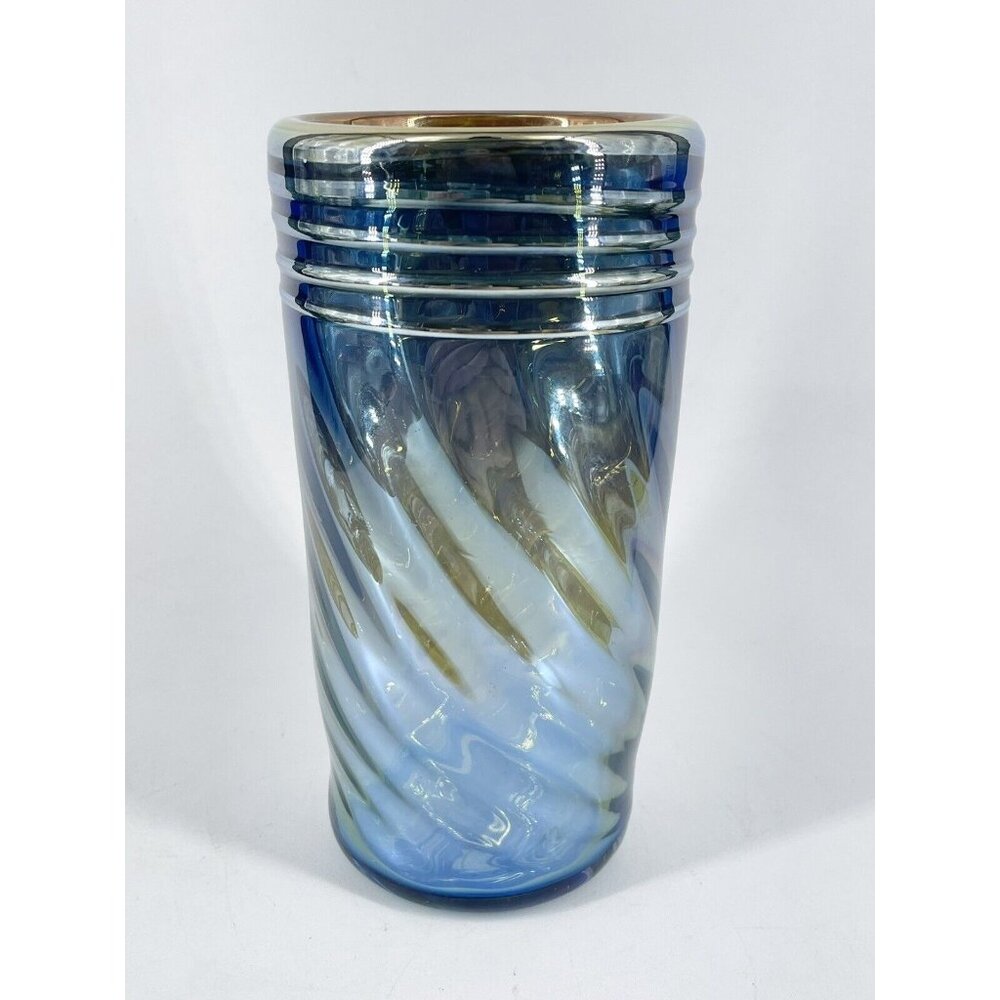 Claude Kurtz Blown Art Glass Tumbler Cup Signed CWK Blue iridescent silver swirl